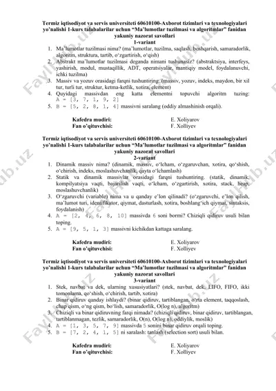 ma’lumotlar tuzilmasi va algoritmlar nazorat savollari — DOCX