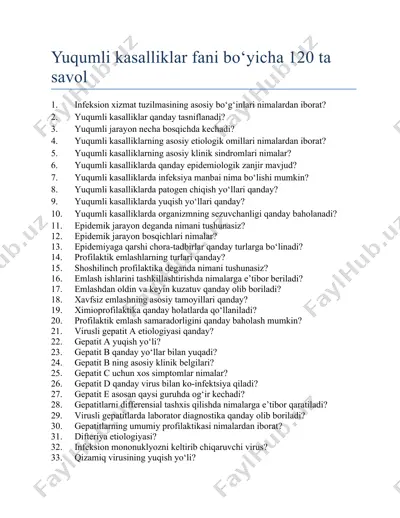 yuqumli kasalliklar fani bo‘yicha 120 ta savol — DOCX
