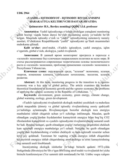 "yashil iqtisodiyot - iqtisodiy rivojlanishni haraktlantiruvchi dastak sifati" — DOCX