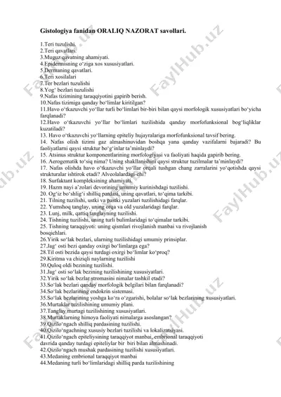 gistologiya fanidan oraliq nazorat savollari — DOCX