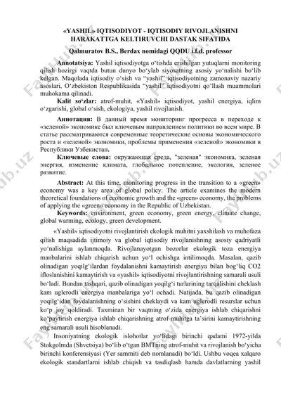 "yashil" iqtisodiyot - iqtisodiy rivojlanishni harakattga keltiruvchi dastak sifatida — DOCX