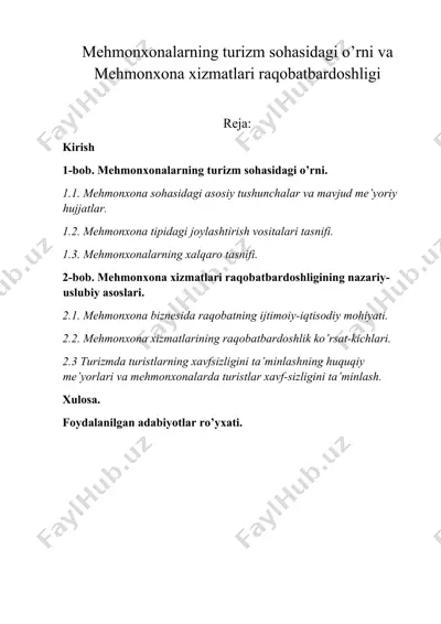 mehmonxonalarning turizm sohasidagi o’rni va mehmonxona xizmatlari raqobatbardoshligi — DOCX