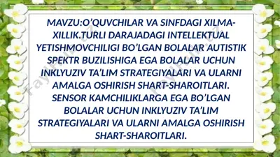 sensor kamchiliklarga ega bo‘lgan bolalar uchun inklyuziv ta’lim strategiyalari va ularni amalga oshirish shart-sharoitlari — PPTX