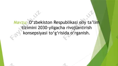 o‘zbekiston respublikasi oliy ta’lim tizimini 2030-yilgacha rivojlantirish konsepsiyasi to‘g‘risida o‘rganish — PPTX