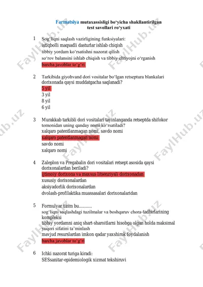 farmatsiya mutaxassisligi bo‘yicha shakllantirilgan test savollari ro‘yxati — PDF