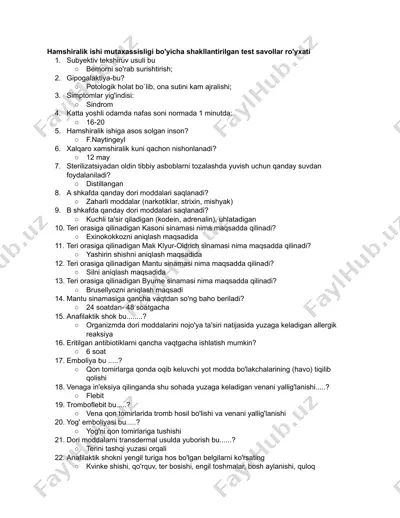 hamshiralik ishi mutaxassisligi bo'yicha shakllantirilgan test savollar ro'yxati — PDF