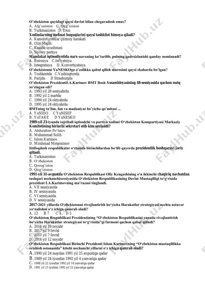 o'zbekiston davlati haqida savollar va javoblar — PDF
