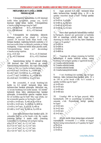 fizikadan yakuniy baholash ochiq testlari bazasi — PDF