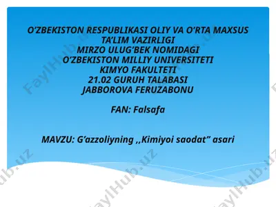 g’azzoliyning "kimiyoi saodat" asari — PPTX