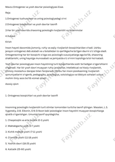 ontogenez va yosh davrlar psixologiyasi.esse — PDF