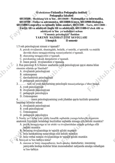 umumiy psixologiya fanidan yakuniy nazorat test savollari — PDF