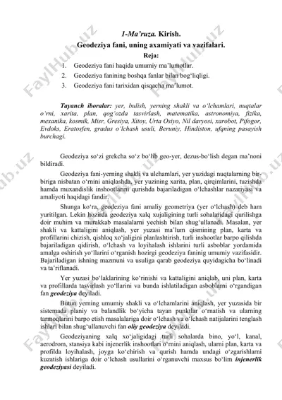 geodeziya fani, uning axamiyati va vazifalari — DOCX