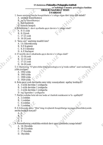 umumiy psixologiya oralig'i testi — PDF