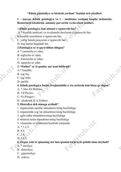 klinik patologiya va birinchi yordam fanidan test savollari — DOCX