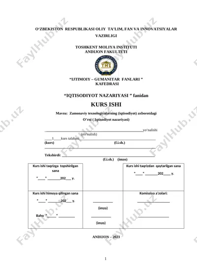 zamonaviy texnologiyalarning (iqtisodiyot) axborotdagi o'rni (iqtisodiyot nazariyasi) kurs ishi — PDF