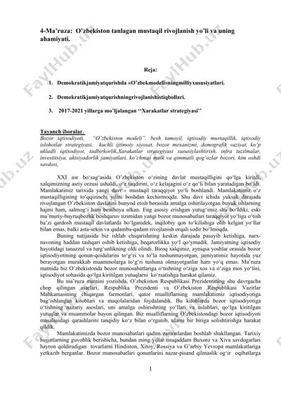 o'zbekiston tanlagan mustaqil rivojlanish yo’li va uning ahamiyati — DOCX