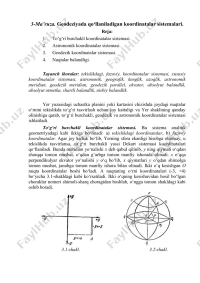 ma’ruza. geodeziyada qo‘llaniladigan koordinatalar sistemalari — DOCX