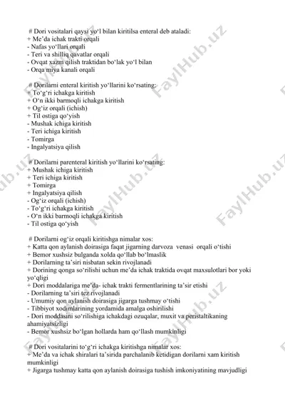 dori vositalari va ularning enteral, parenteral kiritish yo'llari — DOCX