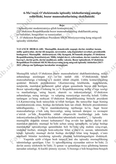 o’zbekistonda iqtisodiy islohotlarning amalga oshirilishi, bozor munosabatlarining shakllanishi — DOCX