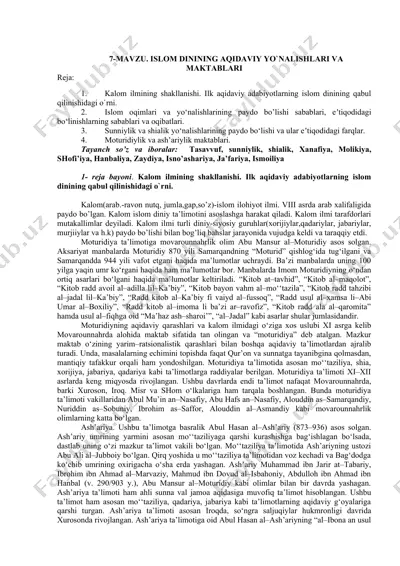 islom dini aqidaviy yo'nalishlari va maktablari — DOCX