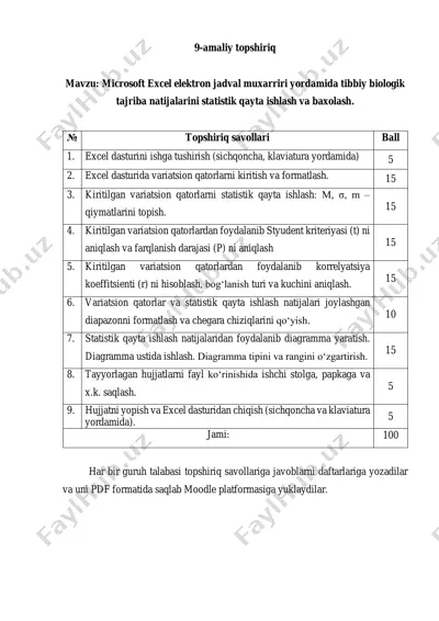microsoft excel elektron jadval muxarriri yordamida tibbiy biologik tajriba natijalarini statistik qayta ishlash va baxolash — PDF