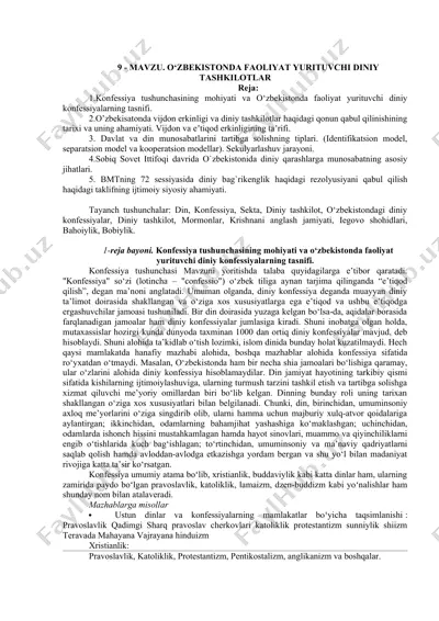 o‘zbekistonda faoliyat yurituvchi diniy tashkilotlar — DOCX