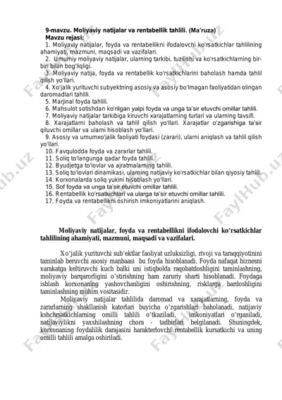 moliyaviy natijalar va rentabellik tahlili — PDF