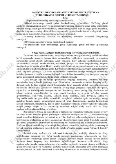 dunyo hamjamiyatining ekstremizm va terrorizmga qarshi kurash tajribasi — DOCX
