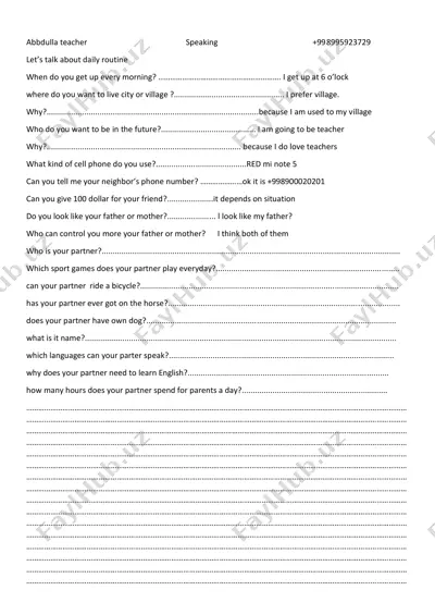 daily routine speaking activity — PDF