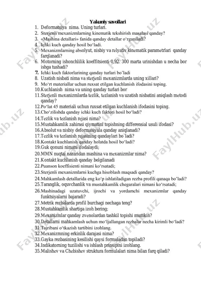 mekanika fanidan savollar va javoblar — PDF
