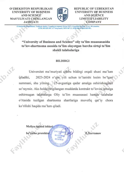 o'zbekiston respublikasi universiteti of business and science — PDF