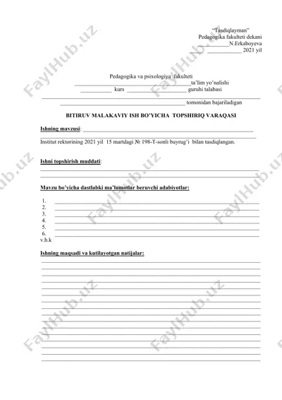 pedagogika va psixologiya fakulteti bitiruv malakaviy ish bo’yicha topshiriq varaqasi — DOCX