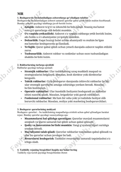 boshqaruvda foydalaniladigan axborotlarga qo‘yiladigan talablar — DOCX