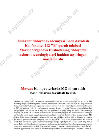 kompyuterlarda ma'lumotlar ombori yaratish bosqichlari — DOCX