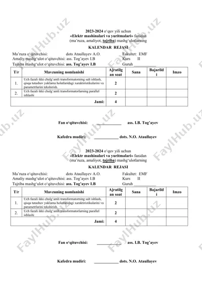 elektr mashinalari va yuritmalari fanidan mashg'ulotlar kalendar rejasi — DOCX