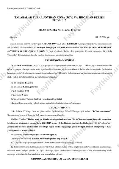 talabalar turar joyidan xona (joy) va jihozlar berish bo‘yicha shartnoma — PDF