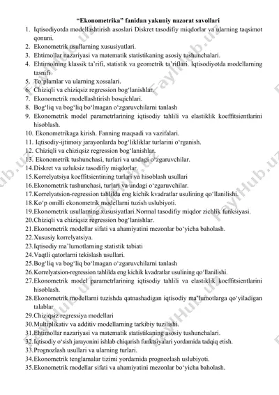 "ekonometrika fanidan yakuniy nazorat savollari" — DOCX