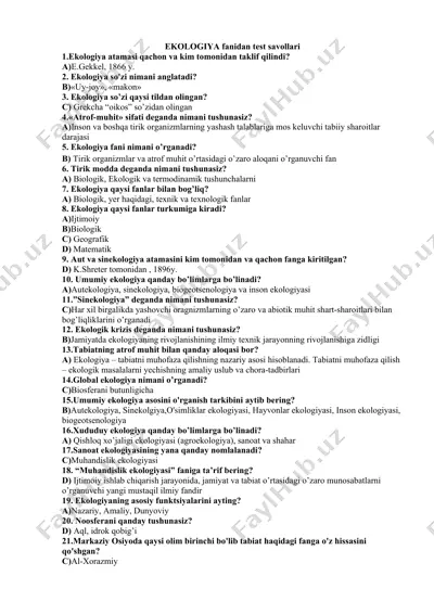 ekologiya fanidan test savollari — DOCX