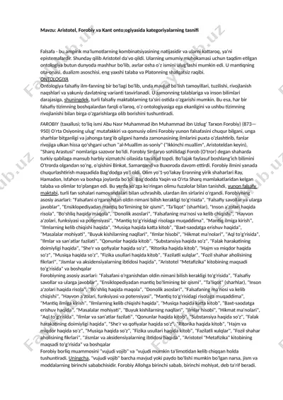 aristotel, forobiy va kant onto;ogiyasida kategoriyalarning tasnifi — DOCX