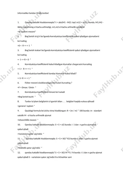 informatika fanidan oralik testlari — DOCX