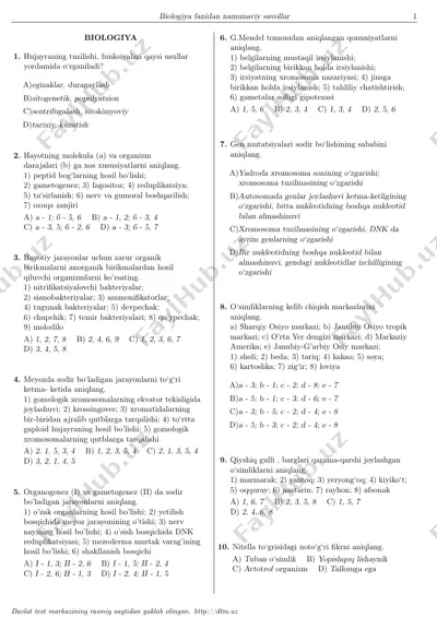 biologiya fanidan namunaviy savollar probnik — PDF