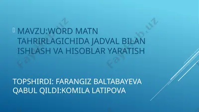 word matn tahrirlagichida jadval bilan ishlash va hisoblar yaratish — PPTX