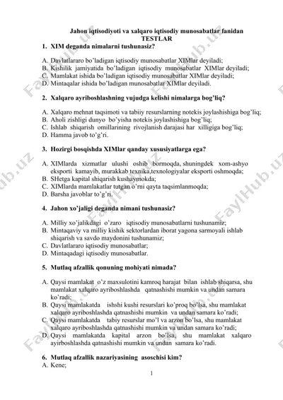 jahon iqtisodiyoti va xalqaro iqtisodiy munosabatlar fanidan testlar — DOCX