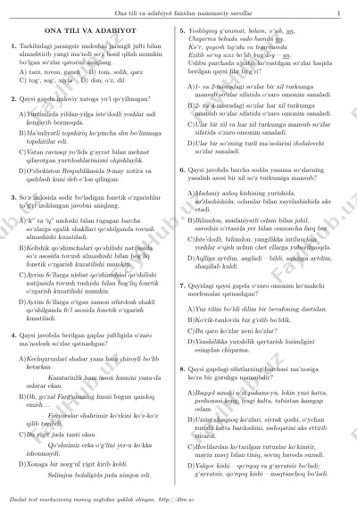 ona tili va adabiyot fanidan namunaviy savollar — PDF