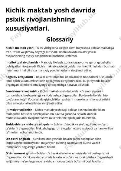 kichik maktab yosh davrida psixik rivojlanishning xususiyatlari — PDF