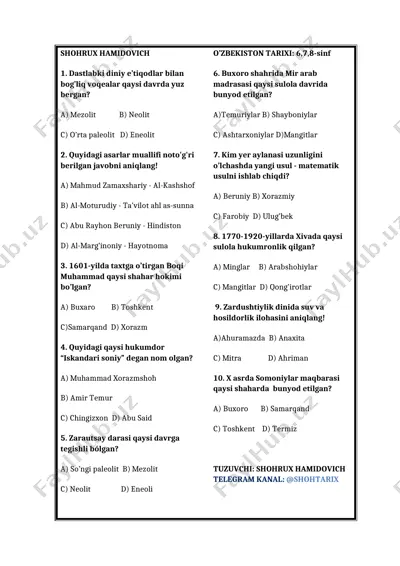 o'zbekiston tarixi test savollari — PDF