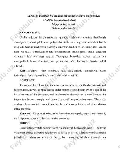 narxning mohiyati va shakilanish xususyatlari va manopoliya — DOCX