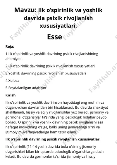 ilk o’spirinlik va yoshlik davrida psixik rivojlanish xususiyatlari — PDF