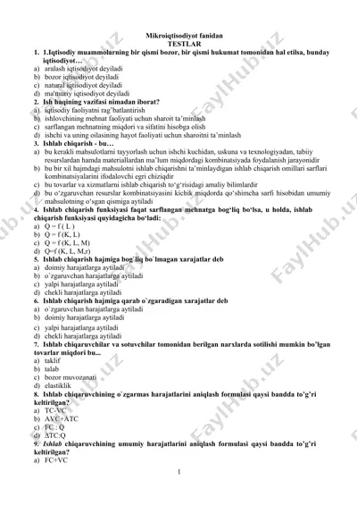 mikroiqtisodiyot fanidan testlar — DOCX