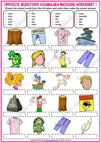 opposite adjectives vocabulary matching worksheet — PDF